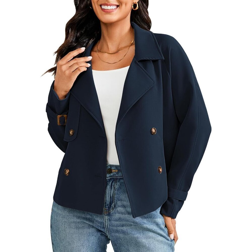 Cropped Trench Coat for Women Double Breasted Long Sleeve Work Office Business C